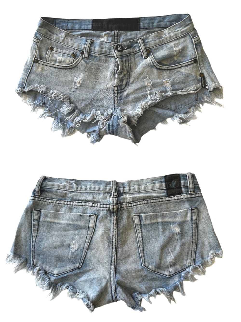 One Teaspoon Bandits denim Jean festival shorts light blue distressed wash 28”